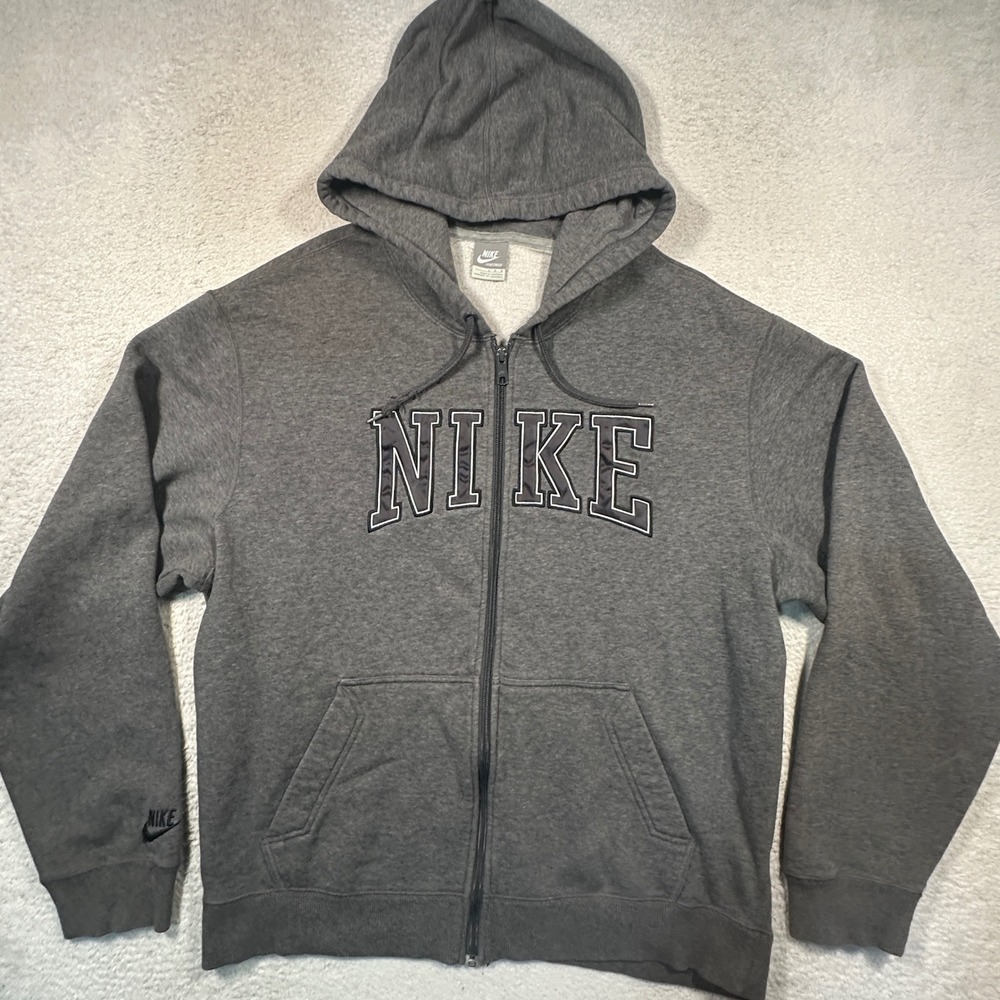 Vintage Y2K Nike Full Zip Hoodie Mens L Gray Spellout Logo Sweatshirt Silver Tag